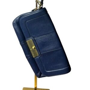 Coach Midnight Blue Leather Clutch with Brass Details